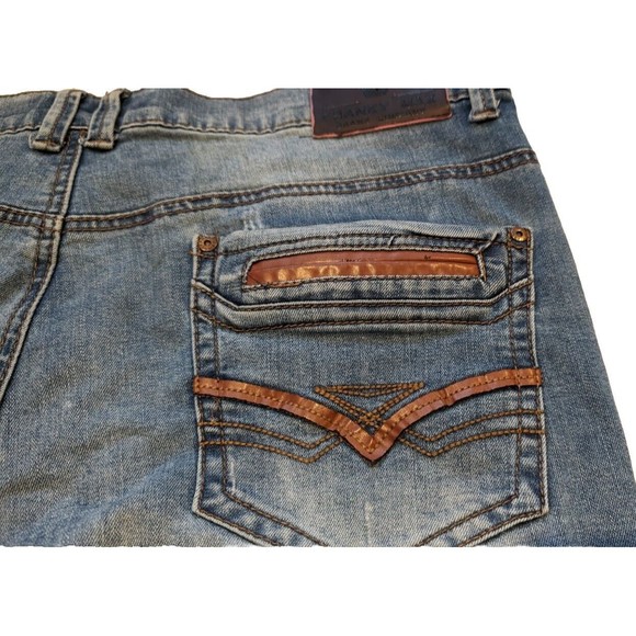 Franky Max Distressed Denim Blue Jeans 38x32 Embroidered Pockets Leather Trim - Picture 8 of 14